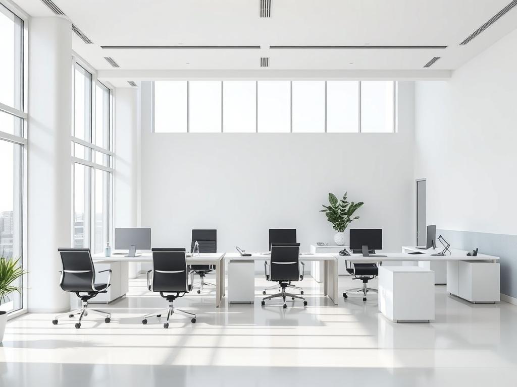 A modern office space with sleek furniture, large windows allowing