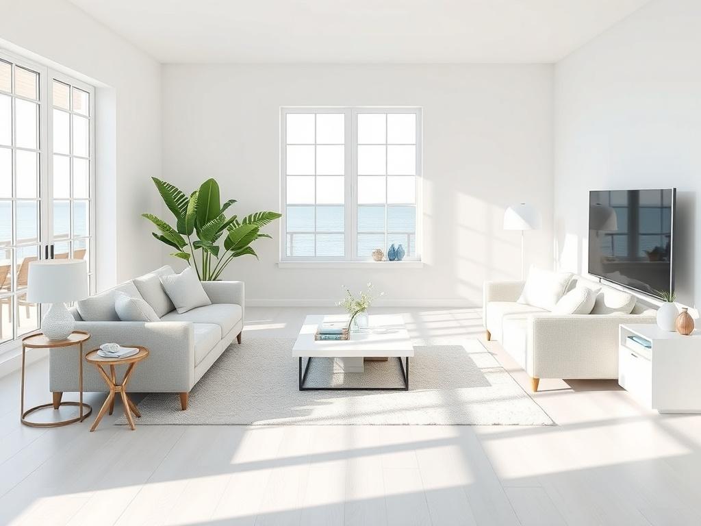 A serene, beautifully arranged living room with coastal inspired decor,