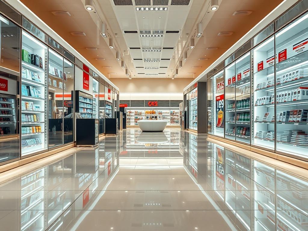 A shiny, well-organized retail store interior showing gleaming floors, clean shelves, and a welcoming atmosphere. The image should reflect a pristine and inviting shopping environment, emphasizing cleanliness and customer comfort.