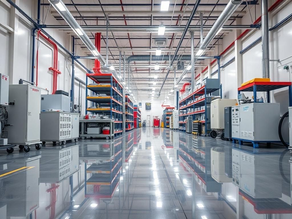 A hyper-glossy, reflective view of an industrial facility showcasing clean machinery, organized storage areas, and immaculate floors. The image should convey an efficient and safe working environment with a focus on cleanliness.