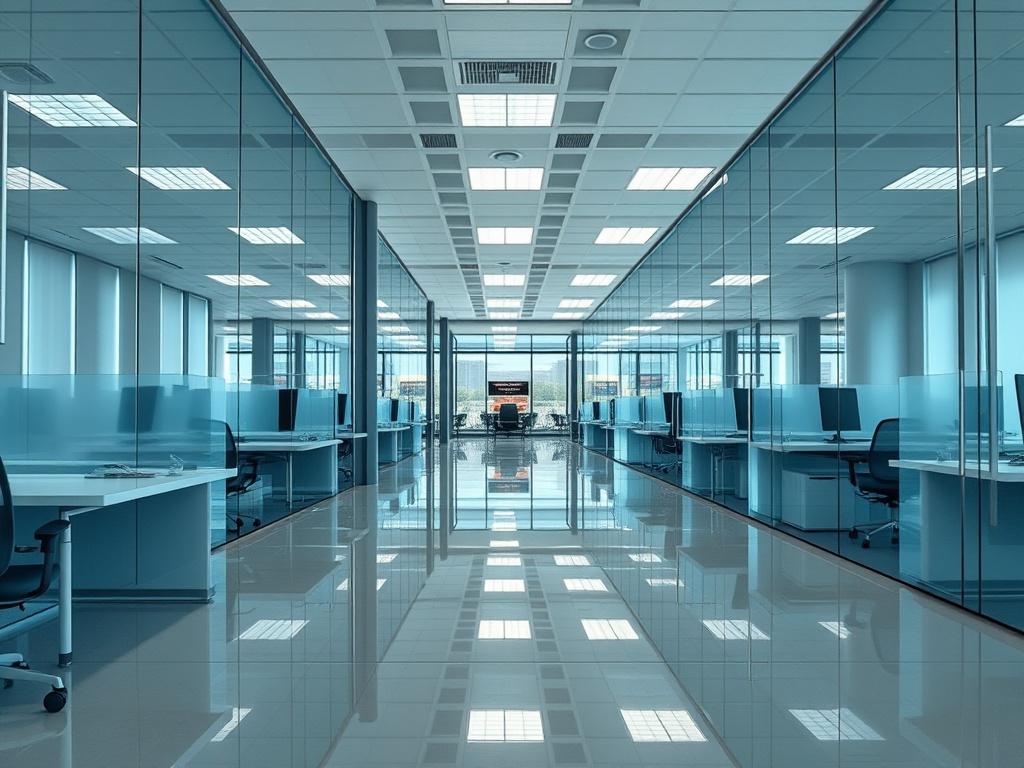 A hyper-glossy, mirror-like reflection of a modern office space featuring clean desks, shiny floors, and bright lighting. The image should convey a professional and polished atmosphere, highlighting the cleanliness and elegance of the office environment.