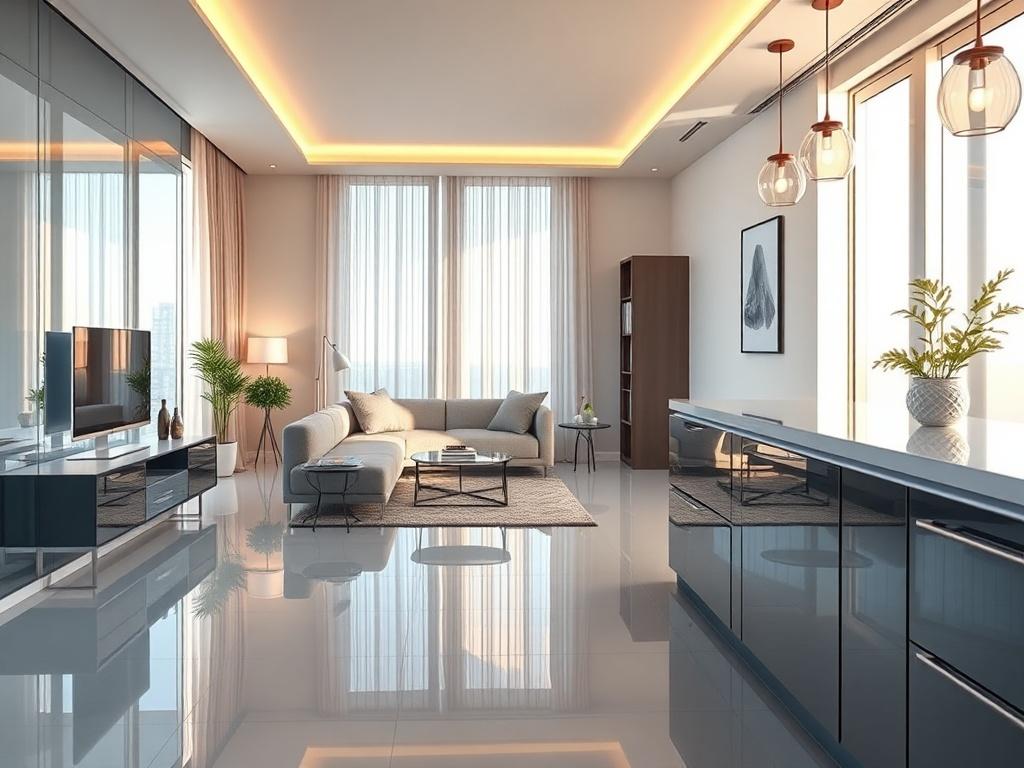 A high-resolution photo of a beautifully cleaned modern apartment interior, featuring shiny surfaces, gleaming floors, and immaculate countertops. The composition should focus on a single living area, showcasing the vibrant and luminous highlights of the freshly cleaned space. Soft natural light filters in through the windows, emphasizing the cleanliness and inviting atmosphere of the apartment.