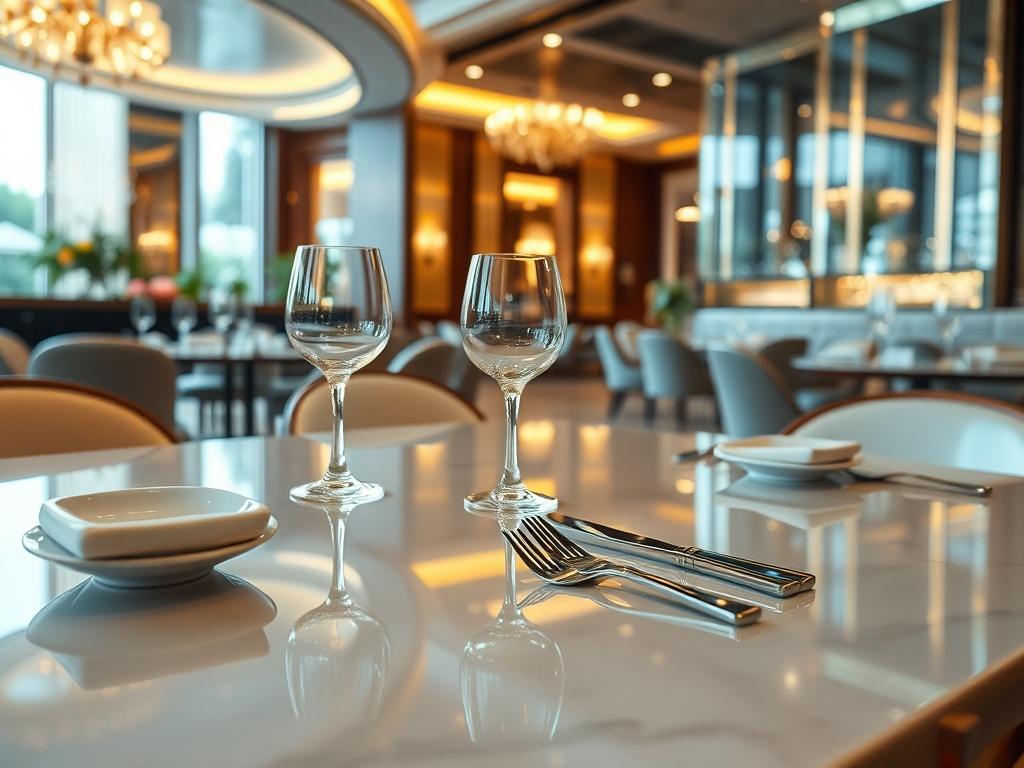 A luxurious, hyper-glossy restaurant interior showcasing gleaming tables, polished floors, and immaculate surfaces. The scene is set after hours with soft, ambient lighting highlighting the shiny surfaces. The focus is on a single, elegantly set dining table with bright, shiny cutlery and glassware, reflecting the surrounding gleaming environment. The background features luxurious decor and an inviting ambiance, enhancing the overall impression of cleanliness and elegance.