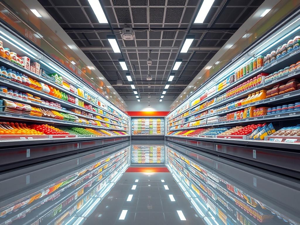 A hyper-realistic, high-resolution photo of a pristine supermarket aisle, showcasing gleaming surfaces and well-organized products. The floor reflects bright overhead lights, creating a mirror-like effect. The shelves are neatly stocked with colorful produce, emphasizing freshness and hygiene. The background features a bright, inviting atmosphere with shiny surfaces, giving an impression of cleanliness and modernity.