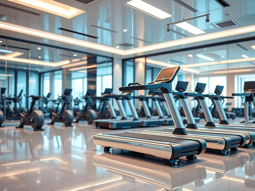 A high-resolution image of a gleaming gym interior, showcasing polished gym equipment and spotless flooring. The lighting should be bright and vibrant, emphasizing the cleanliness and hygiene of the environment. The composition should focus on a single piece of modern gym equipment, such as a treadmill or weight bench, with a shiny, mirror-like finish. The background should feature minimalistic design elements that enhance the upscale feel of the gym.