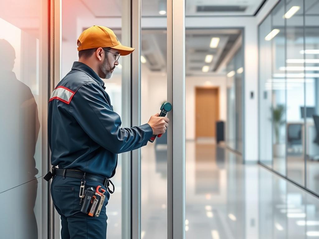 A realistic high-resolution photo of a professional maintenance technician fixing a door in a bright, modern commercial space. The technician is wearing a uniform and using tools. The background features clean, well-lit office interiors with shiny surfaces and polished floors, emphasizing a sense of cleanliness and professionalism.
