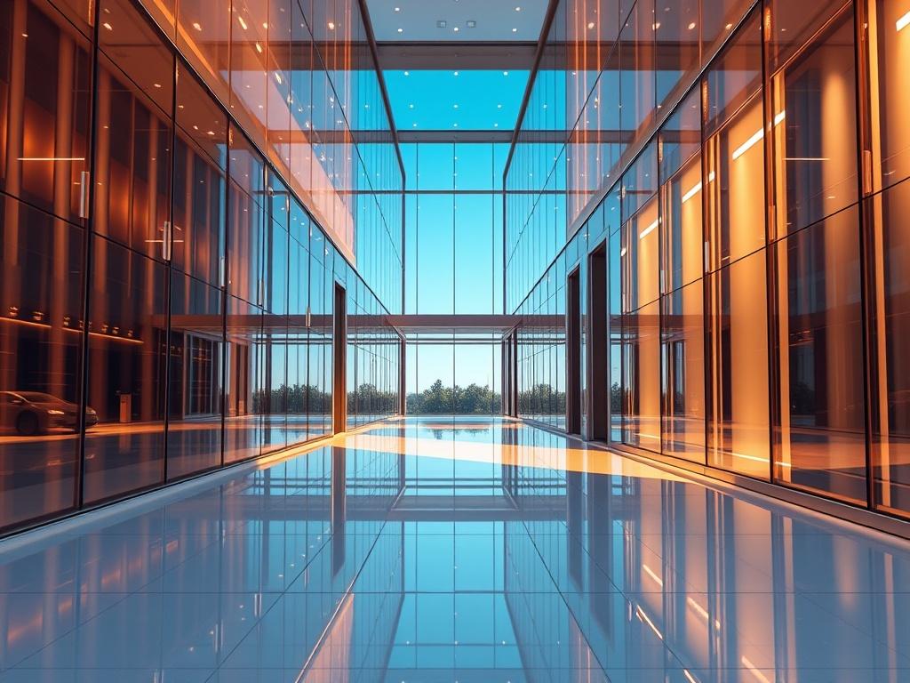 A high resolution image showcasing a gleaming, modern office building