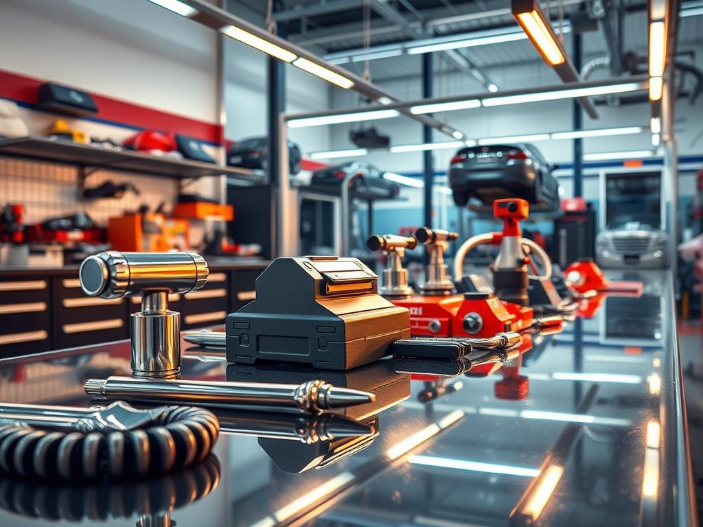 A hyper-realistic high-resolution photo of a sparkling clean auto shop, showcasing gleaming tools and equipment on polished surfaces. The composition should capture the organized workspace with ultra-shiny reflections and luminous highlights, emphasizing cleanliness and professionalism. The background should feature well-lit areas with modern design elements that reflect a high-end automotive repair facility.