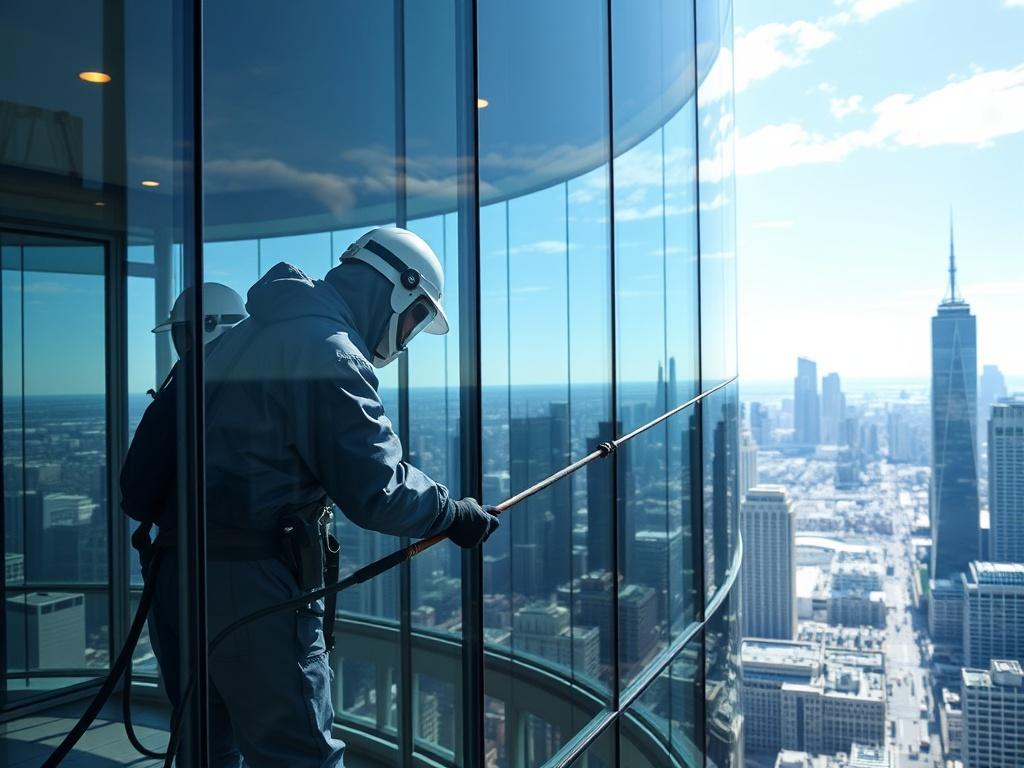 A hyper realistic high resolution of a professional window cleaner