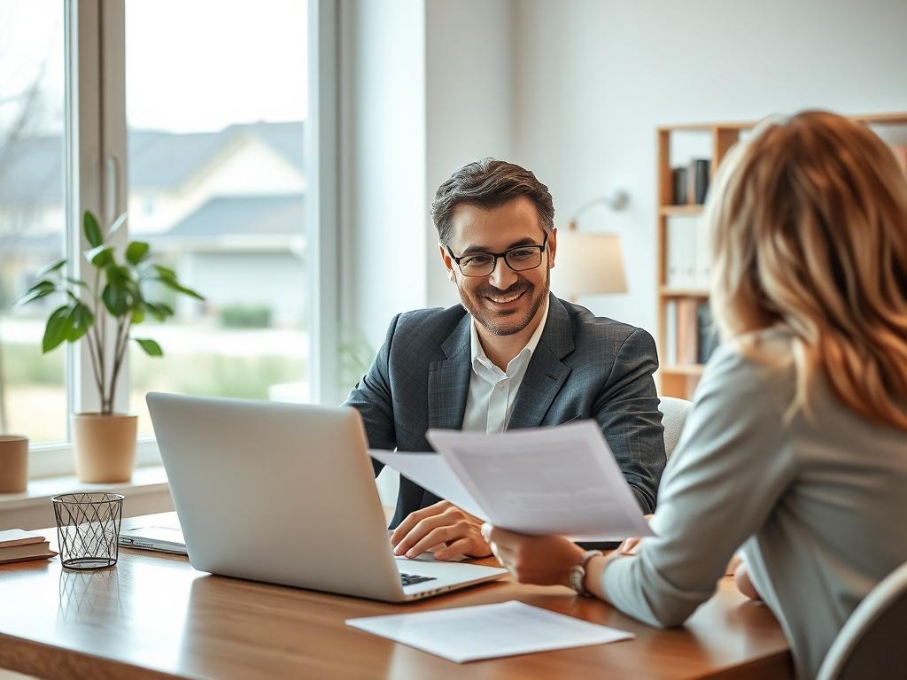 A professional mortgage consultant sitting at a desk with a laptop open, reviewing documents with a client. The background features a cozy office environment with soft lighting, bookshelves, and a view of a peaceful neighborhood outside the window. The consultant is smiling and engaged, creating a welcoming atmosphere. The image should evoke a sense of trust and professionalism.