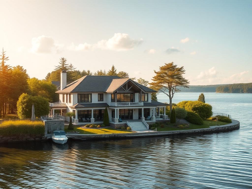 Create a realistic high-resolution photo that embodies the essence of "Finding Your Dream Waterfront Property." The composition should feature a single, stunning waterfront property that showcases a serene setting. Place the house at the center of the image, emphasizing its architectural beauty with large windows that reflect the surrounding natural landscape. Surround the property with lush greenery, including trees and well-manicured gardens, to evoke a sense of tranquility. 

In the background, capture a picturesque lake that glistens under soft, warm sunlight. Include gentle ripples on the water's surface to add life to the scene. The sky should be clear, with a few fluffy white clouds, creating a peaceful atmosphere that invites potential buyers to envision their dream life by the water. 

The main subject of the image should clearly display the waterfront property as a beacon of ideal real estate while seamlessly blending with the natural environment. Make sure the color palette consists of soft tones that evoke calmness and relaxation, and ensure the overall mood of the image is inviting and aspirational.