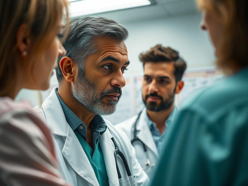 A close-up shot of a healthcare specialist, a doctor in a white coat, attentively consulting with a patient in a well-lit clinic. The background features medical charts and equipment, creating a professional atmosphere. The doctor is engaged, listening carefully to the patient, conveying a sense of empathy and expertise. The image should be realistic and high-resolution, focusing on the interaction between the doctor and patient, with a color scheme that includes shades of green.