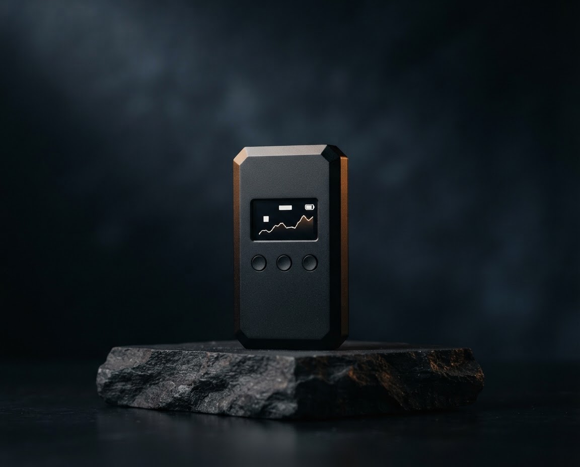 A compact hardware wallet device on a dark stone plinth