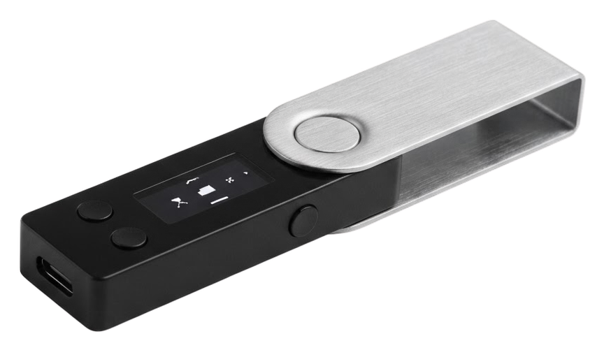 Black compact Ledger-style hardware wallet with a small display and brushed metal swivel cover, shown in full