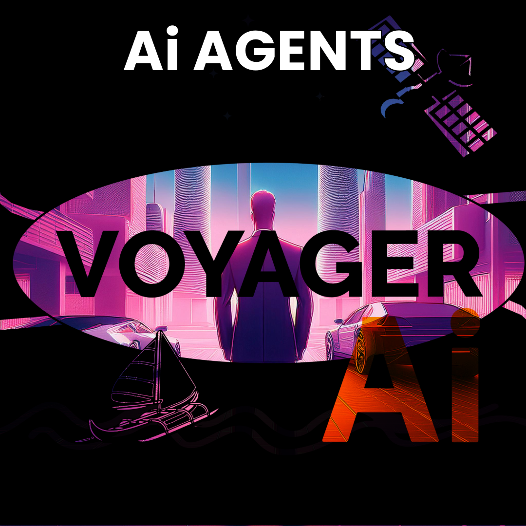 Stylized image of a figure in a futuristic cityscape with text reading 'AI Agents Voyager AI.' The image has a neon color scheme with icons of a car, sailboat, and satellite, suggesting themes of exploration and technology.