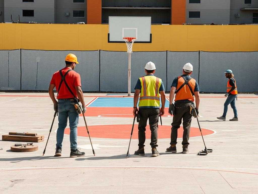 A dedicated construction crew working on the restoration of a basketball court, showcasing teamwork and collaboration. The crew, comprised of diverse individuals, is focused on repairing the court surface, painting lines, and installing new basketball hoops. The background features a partially restored court with vibrant colors and clear markings. Tools and materials are visible, emphasizing hard work and commitment to revitalizing community sports spaces.