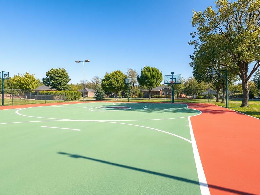 A realistic high-resolution image of a basketball court in a community park with vibrant colors. The court is newly painted with clean lines and bright markings, surrounded by green grass and trees. The background features a clear blue sky, emphasizing a sunny day. The focus is solely on the court, showcasing its revitalized state, inviting young people to play and engage in sports.