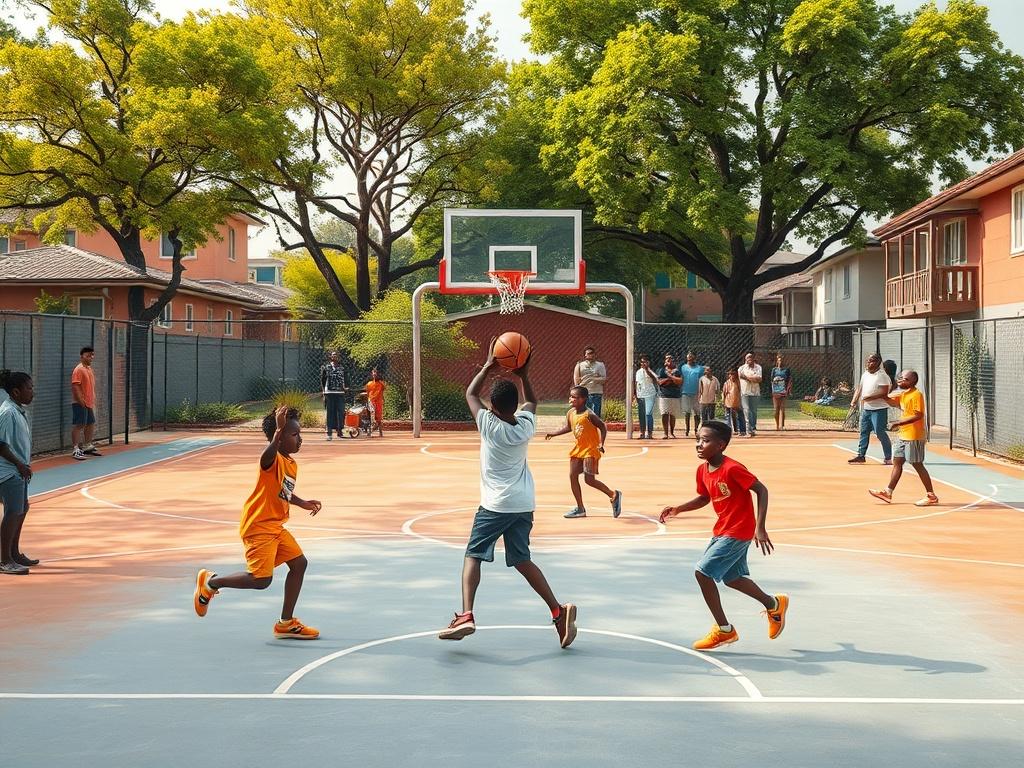 A high-resolution image of a basketball court in a vibrant neighborhood setting, showcasing fresh paint, new hoops, and enthusiastic kids playing basketball. The background should include lush green trees and community members watching and cheering, creating an atmosphere of joy and engagement. The composition should be minimalistic and focused on the court, emphasizing the transformation of the space. Use bold, vibrant colors to reflect energy and positivity.