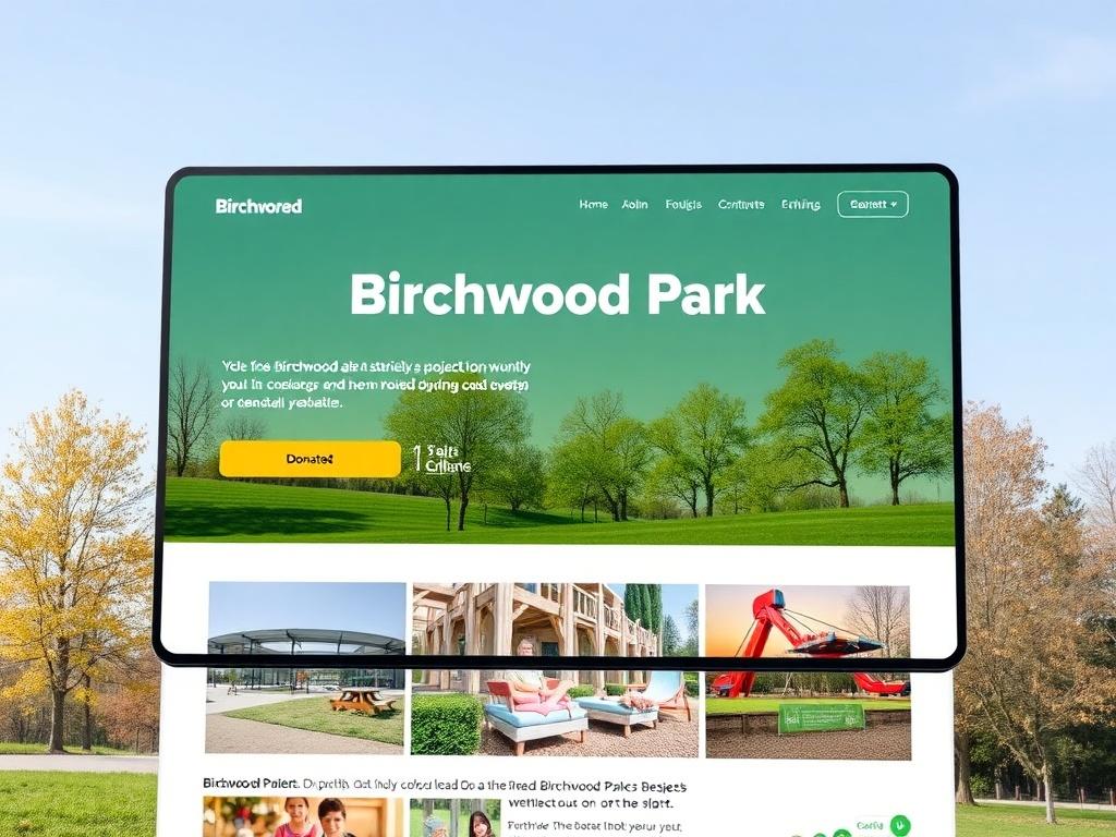 A dedicated donation page interface on a website, featuring the Birchwood Park project with a clear call to action and a donation button. The design includes images of the park and its facilities, inviting users to contribute. The layout is clean, modern, and user-friendly, highlighting the importance of community support.