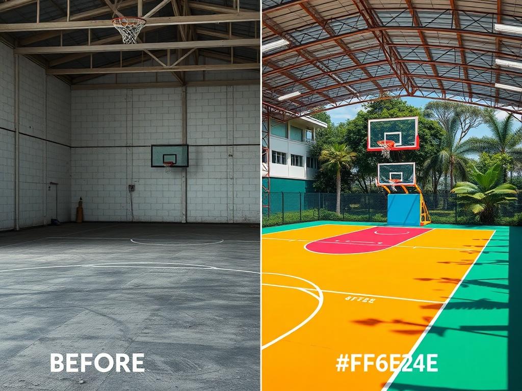 A visually striking before-and-after image showcasing the transformation of a neglected basketball court into a vibrant, fully restored facility. The left side depicts the court in disrepair, while the right side highlights the newly painted lines, fresh nets, and lush surroundings. The primary color #FF6E4E is prominently featured in the new design, symbolizing hope and renewal.