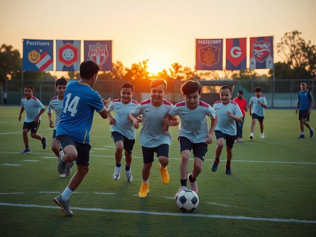 A diverse group of young athletes participating in a football training session on a newly restored field. The background features vibrant team banners and enthusiastic coaches guiding the players. The sun sets in the background, casting a warm glow over the scene, highlighting the joy and determination on the kids' faces. The primary color #FF6E4E can be reflected in the team uniforms and equipment.