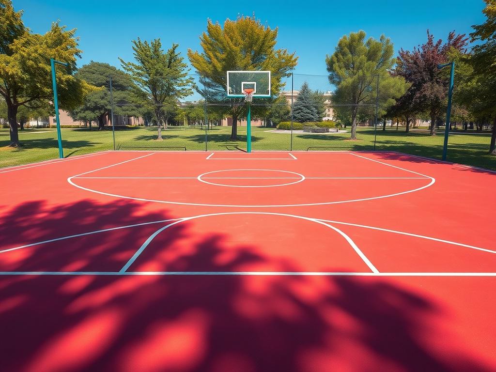 A realistic high-resolution photo depicting a vibrant basketball court in a community park setting, with bright, bold colors and clean lines. The court should be freshly painted and surrounded by green trees and a clear blue sky. The composition should focus solely on the basketball court, showcasing the inviting atmosphere and the potential for community engagement.