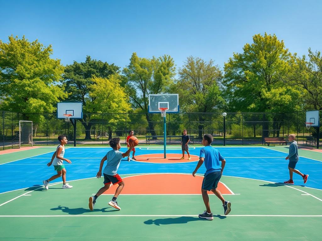 A vibrant, high resolution image of a revitalized basketball court