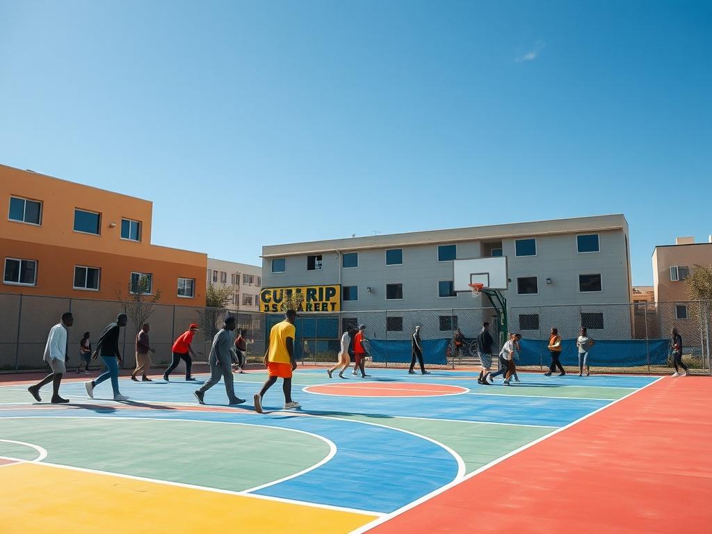 A vibrant basketball court being restored, showcasing community members working