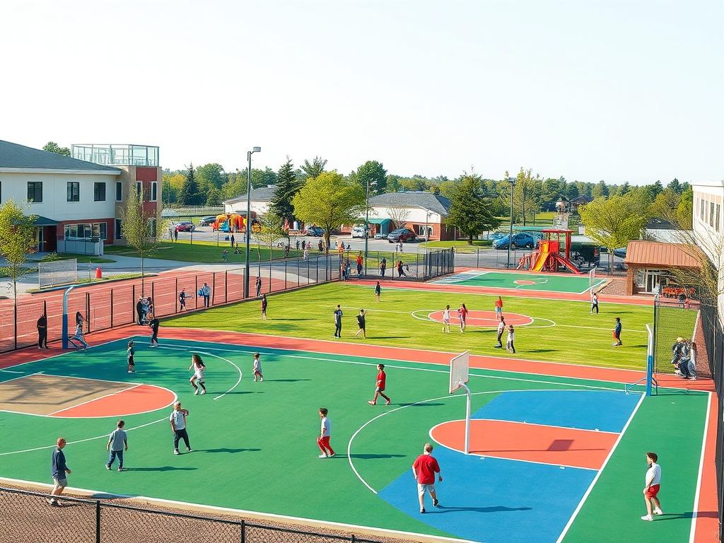 An upgraded community sports complex featuring renovated basketball courts and
