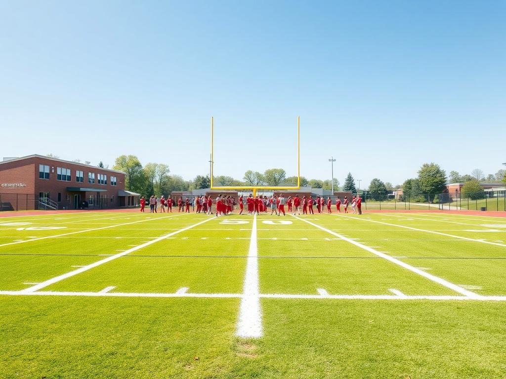 A freshly restored football field at a local high school,