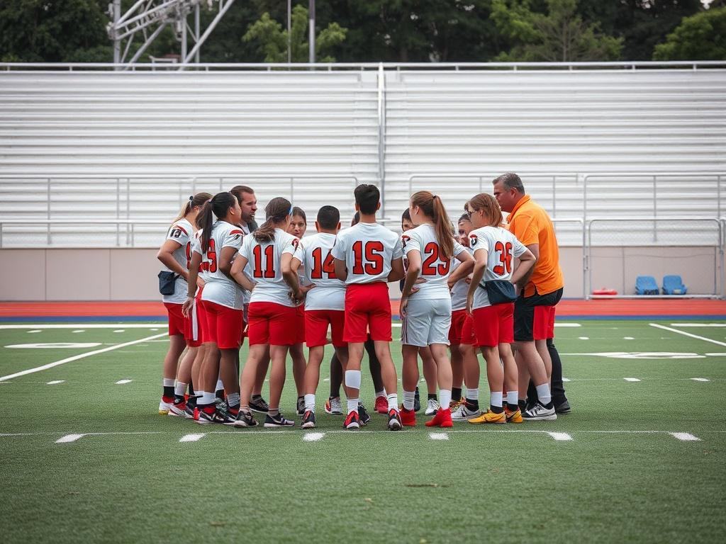 A group of young athletes engaged in a team huddle