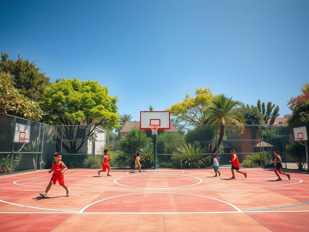 A vibrant basketball court with fresh paint and new hoops,