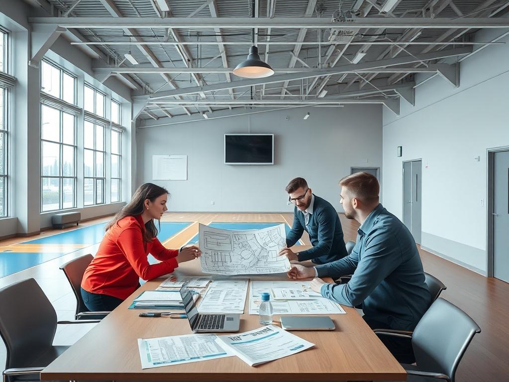 A project planning session with team members around a table,