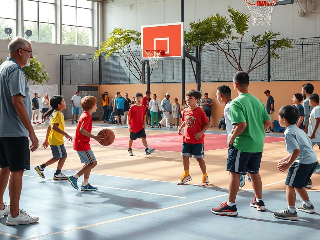 A community sports event with kids playing basketball, coaches mentoring
