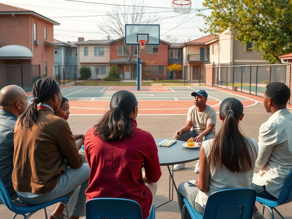 A community meeting in a local neighborhood, with diverse residents