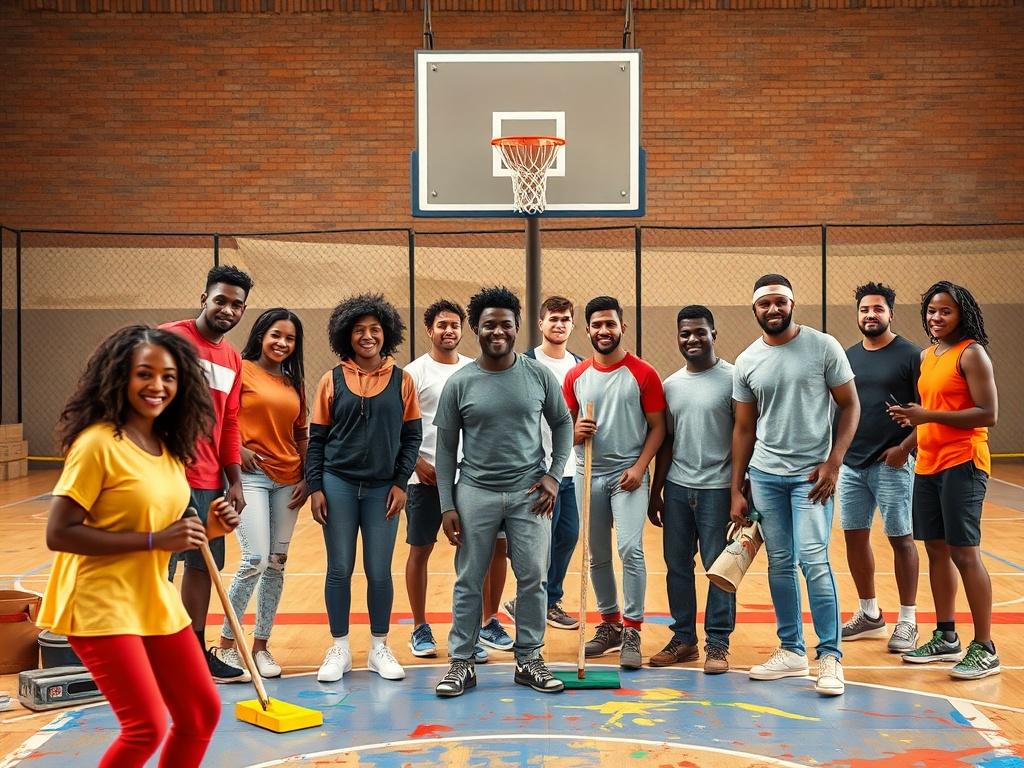 An image depicting a group of diverse individuals participating in a fundraising event, with a basketball court being restored in the background. The atmosphere is lively and energetic, showcasing community members coming together with tools and paint, united for a common cause.