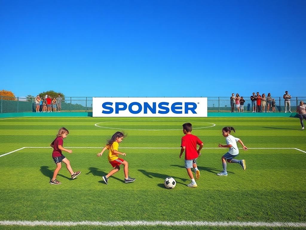 A vibrant sports field with a banner displaying a sponsor's logo, showing children playing soccer in the foreground. The background features a clear blue sky and enthusiastic parents cheering from the sidelines. This image conveys community spirit and partnership, highlighting the positive impact of sponsorship.