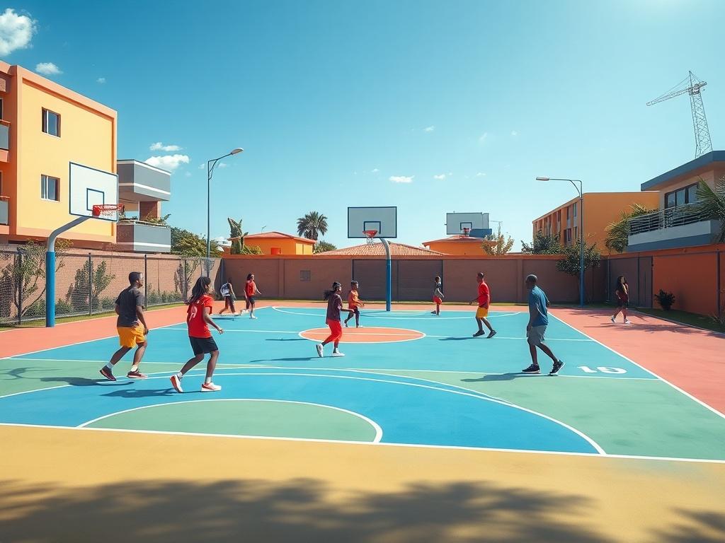 A vibrant basketball court in a revitalized community setting, showcasing young people playing and engaging with each other. The court features bright colors and clean lines, surrounded by greenery and a welcoming atmosphere. The image captures the essence of community and teamwork, emphasizing the joy of sports and recreation.