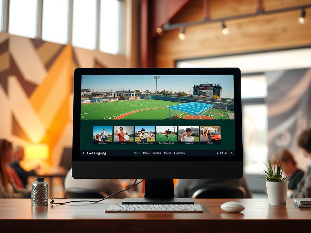 An engaging computer screen showing a live fundraising progress bar with photos of restored sports facilities. The background features a community gathering, reinforcing the connection between donors and the revitalized spaces. The atmosphere is celebratory and inviting.