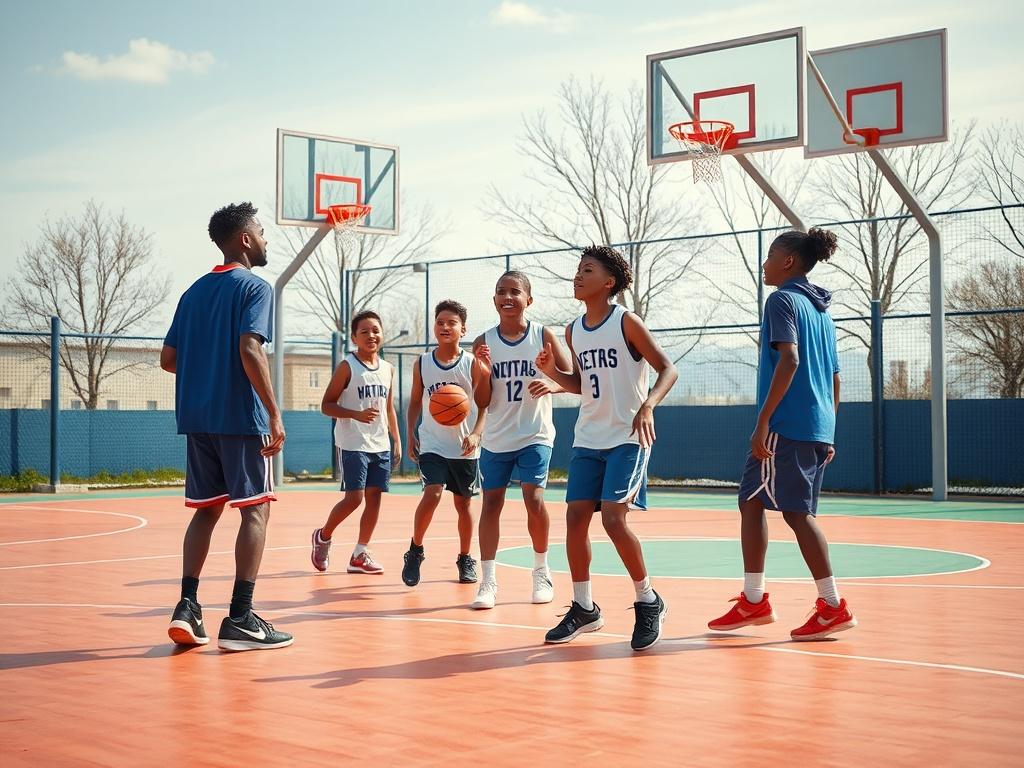 A group of young athletes playing basketball together on a newly restored court, with a coach encouraging them. The scene captures the excitement and camaraderie of the game, highlighting the positive community environment. The focus is on the joyful interactions between the players.