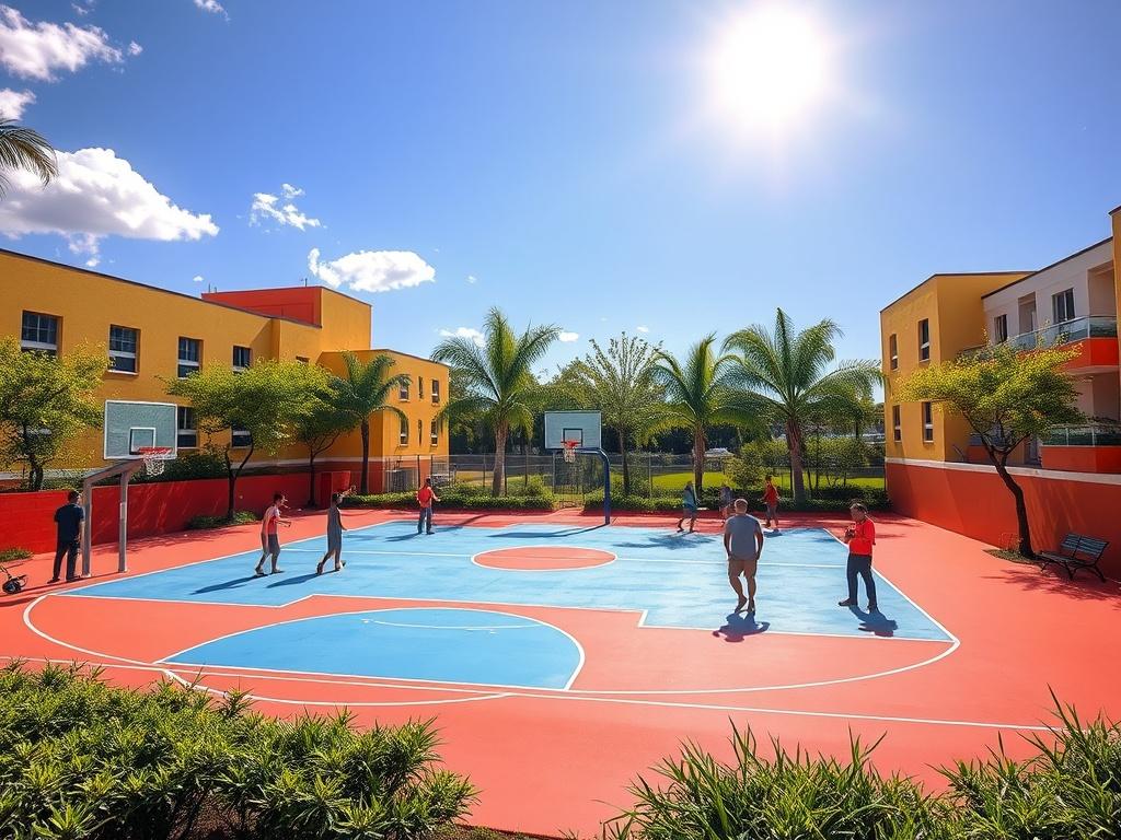 A vibrant, restored basketball court in a community setting, showcasing bright colors and new equipment. The court is surrounded by greenery and people enjoying the space. The sun shines brightly, creating a lively atmosphere. No text or abstract shapes in the image.