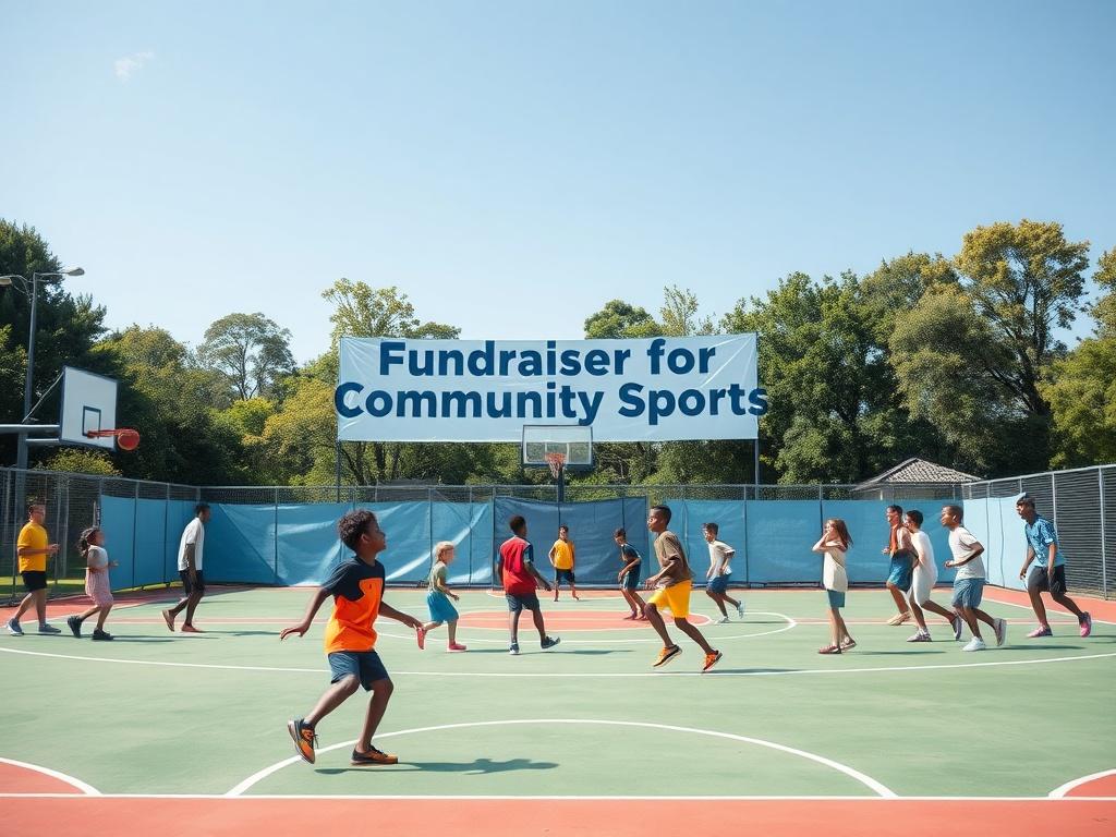 A vibrant, high-resolution image of a community basketball court with a large banner displaying 'Fundraiser for Community Sports'. The court is well-maintained and surrounded by enthusiastic children playing basketball, with some adults engaging in conversation. The background features trees and a bright blue sky, creating a lively, inviting atmosphere. The image should focus on the banner and the joyful activities happening on the court, highlighting community engagement and support for sports.
