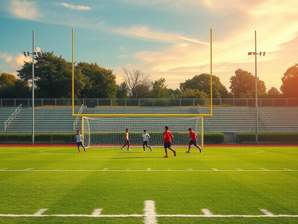 A realistic high-resolution photo of a restored football field, with young players practicing on the field. The scene captures the lush green grass, new goalposts, and a vibrant sky, emphasizing a sense of community and active youth engagement.
