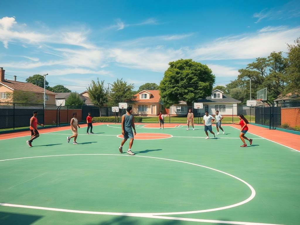 A realistic high-resolution photo of a revitalized basketball court in a community setting, with vibrant colors and clear lines. The court is filled with young people playing basketball, showcasing teamwork and energy. In the background, there are trees and a blue sky, giving a sense of a lively neighborhood.