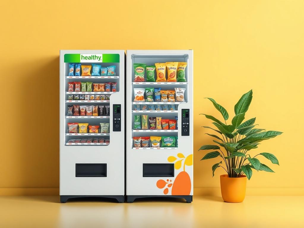A photorealistic image of two modern vending machines placed side by side, showcasing a variety of healthy snack options. Next to the vending machines, there is a vibrant green plant adding a touch of nature. The background is minimalistic, ensuring the focus remains on the vending machines and the plant, with clean lines and bold vibrant colors.