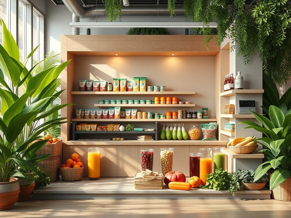 A sleek and modern micro market setup featuring healthy snacks and beverages. The market is well-lit and surrounded by lush green plants, creating a fresh and inviting atmosphere. The display is minimalistic with clean lines and bold vibrant colors, emphasizing the nutritious product offerings. Capture a well-organized layout that showcases the variety of health-focused items, ensuring the focus remains on the micro market itself.