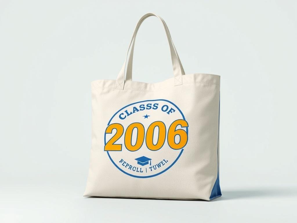 A realistic high-resolution image of a stylish tote bag made from eco-friendly materials. The bag should feature the Class of 2006 logo prominently and be set against a clean, bright background, emphasizing its spacious design and practical use for carrying items. The colors should be vibrant, showcasing the blue and gold theme.