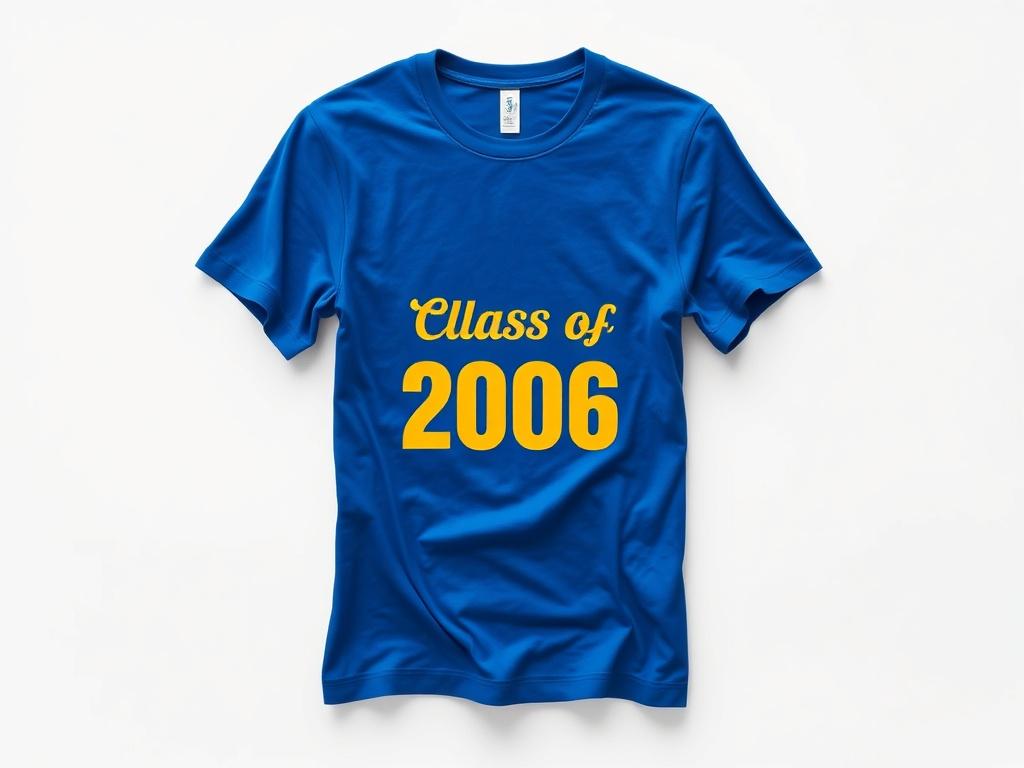 A realistic high-resolution image of a blue and gold T-shirt with the Class of 2006 logo displayed prominently on the front. The shirt should be laid flat on a clean, minimalistic background to highlight its vibrant colors and design. The fabric should appear soft and high-quality, inviting viewers to imagine wearing it during the reunion.