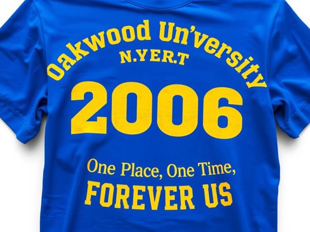 A realistic high-resolution photo of a bright blue t-shirt featuring the Oakwood University Class of 2006 logo and the text 'One Place, One Time, Forever Us' in vibrant yellow/gold lettering. The t-shirt is displayed on a plain white background to highlight its colors and design.
