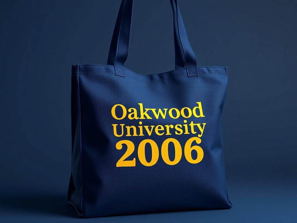 A realistic high-resolution photo of a navy blue tote bag with the Oakwood University Class of 2006 logo prominently displayed in yellow/gold. The bag is set against a minimalist background, emphasizing its vibrant colors and practical design.